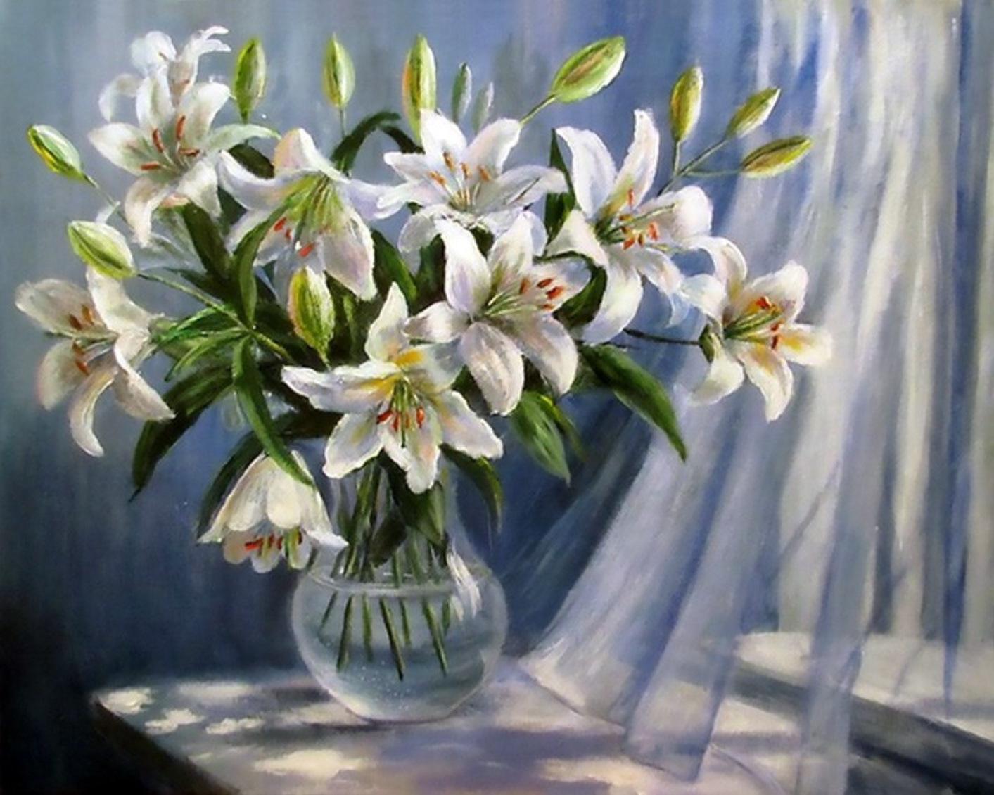 Воробьева Ольга художник белые лилии на окне