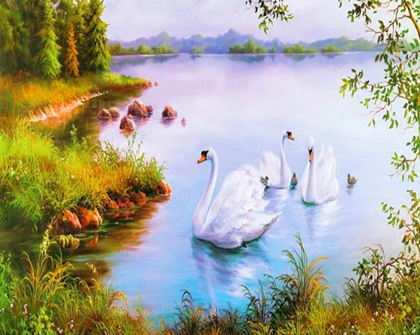 Алмазная мозаика лебеди на пруду