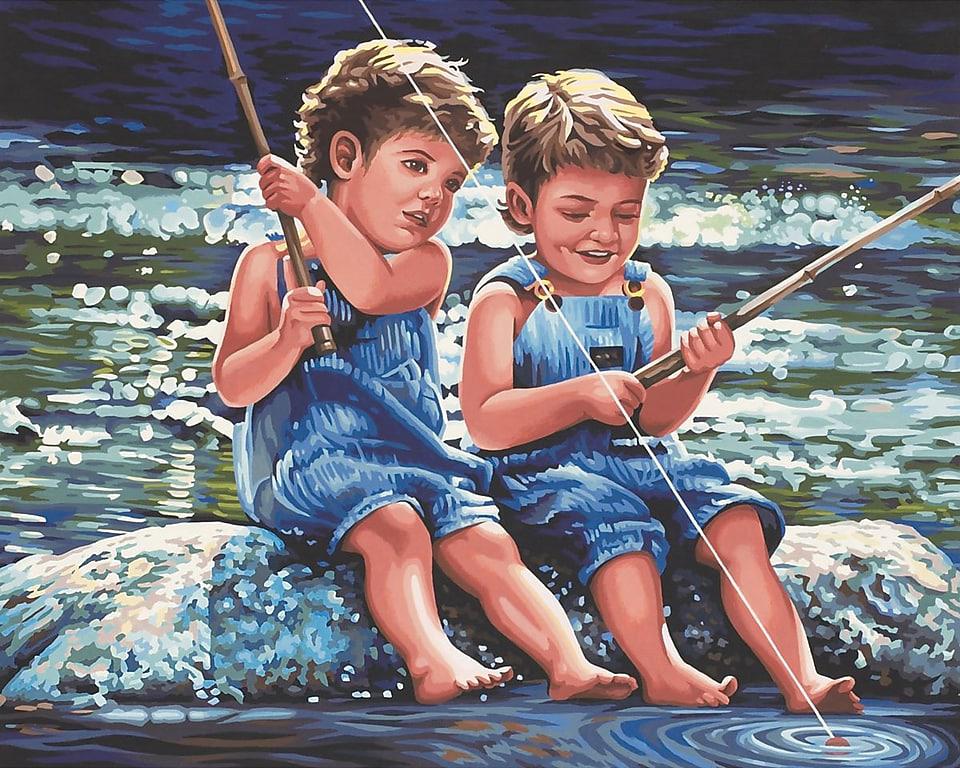 Мальчики ловят девочек. Картины с детьми. Дети на рыбалке живопись. Картина Рыбак. Картина мальчики на рыбалке.