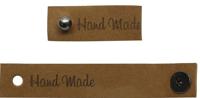 Кожаная бирка с кнопкой "Hand Made", цвет: коричневый, 1,3x7 см, 4 штуки (количество товаров в комплекте: 4)