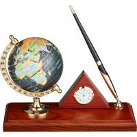 Набор настольный на деревянной подставке (глобус пластиковый, часы, шариковая ручка)