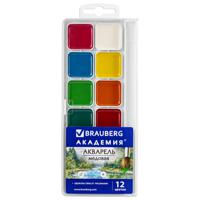 Краски акварельные Brauberg "Академия", 12 цветов, медовые, квадратные кюветы, пластиковый пенал