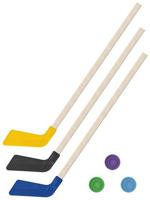 Детский хоккейный набор "Зима, лето" 3 в 1: клюшки 80 см (желтая, черная, синяя) + 3 шайбы