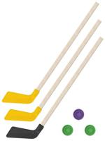 Детский хоккейный набор "Зима, лето" 3 в 1: клюшки 80 см (2 желтых, 1 черная) + 3 шайбы