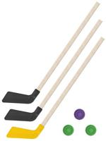 Детский хоккейный набор "Зима, лето" 3 в 1: клюшки 80 см (2 черных, 1 желтая) + 3 шайбы