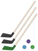 Детский хоккейный набор "Зима, лето" 3 в 1: клюшки 80 см (2 черных, 1 зеленая) + 3 шайбы