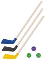 Набор спортивный детский для активных игр, клюшки хоккейные, 80 см (синяя, черная, желтая) + 3 шайбы