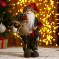 Фигурка Дед Мороз "В клетчатой шубке, с фонариком и мешком" 30 см