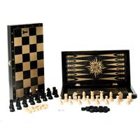 Игра 3в1 малая черная, рисунок золото с обиходными деревянными шахматами "Объедовские" (нарды, шахматы)