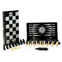 Игра 3в1 малая черная, рисунок серебро с обиходными деревянными шахматами "Объедовские" (нарды, шашки и шахматы.)