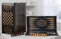 Игра 3в1 большая черная, рисунок золото с походными деревянными шахматами (нарды, шахматы, шашки)