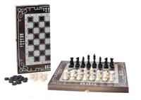 Игра 2в1 малая венге, рисунок серебро с обиходными деревянными шахматами и шашками
