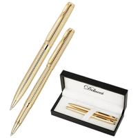 202920 Набор Delucci "Celeste": ручка шариковая, 1 мм и ручка-роллер, 0,6 мм, синие, корпус золото, подарочная упаковка